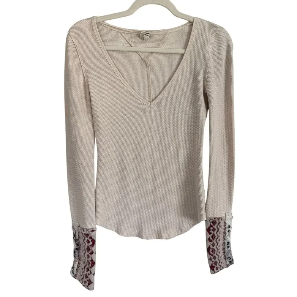 Free People We the Free Art School‎ Cuff Long Sleeve Thermal Taupe Cream Small